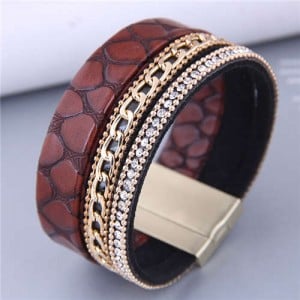 Golden Alloy Chain and Rhinestone Combo Snake Skin Design Women PU Leather Bangle - Coffee