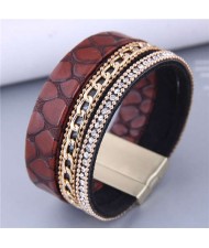Golden Alloy Chain and Rhinestone Combo Snake Skin Design Women PU Leather Bangle - Coffee
