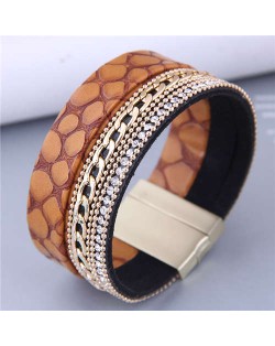 Golden Alloy Chain and Rhinestone Combo Snake Skin Design Women PU Leather Bangle - Brown