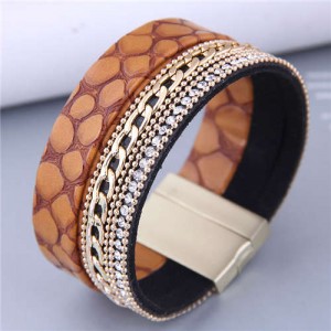 Golden Alloy Chain and Rhinestone Combo Snake Skin Design Women PU Leather Bangle - Brown