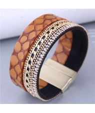 Golden Alloy Chain and Rhinestone Combo Snake Skin Design Women PU Leather Bangle - Brown