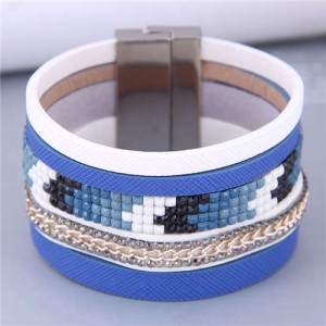 Wide Design Gradient Color Beads Inlaid Mosaic Unique Style Women Bangle - Blue