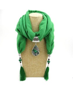 Ethnic Fashion Water-drop Gem Pendant Scarf Necklace - Green