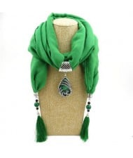 Ethnic Fashion Water-drop Gem Pendant Scarf Necklace - Green