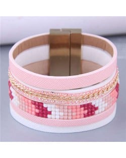 Wide Design Gradient Color Beads Inlaid Mosaic Unique Style Women Bangle - Pink