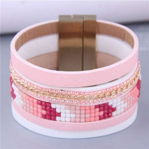 Wide Design Gradient Color Beads Inlaid Mosaic Unique Style Women Bangle - Pink