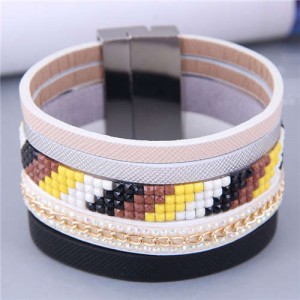 Wide Design Gradient Color Beads Inlaid Mosaic Unique Style Women Bangle - Yellow