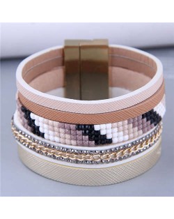 Wide Design Gradient Color Beads Inlaid Mosaic Unique Style Women Bangle - Khaki