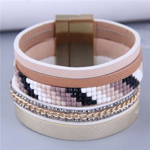 Wide Design Gradient Color Beads Inlaid Mosaic Unique Style Women Bangle - Khaki