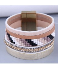 Wide Design Gradient Color Beads Inlaid Mosaic Unique Style Women Bangle - Khaki