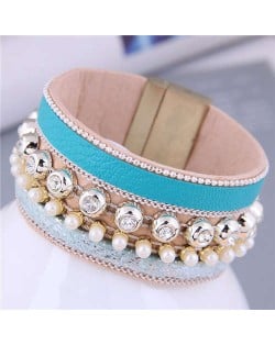 Rhinestone Rivet and Mini Pearl Decorated Bold Fashion PU Women Bangle - Blue