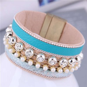 Rhinestone Rivet and Mini Pearl Decorated Bold Fashion PU Women Bangle - Blue
