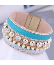 Rhinestone Rivet and Mini Pearl Decorated Bold Fashion PU Women Bangle - Blue