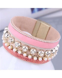 Rhinestone Rivet and Mini Pearl Decorated Bold Fashion PU Women Bangle - Pink