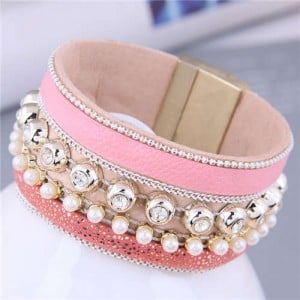 Rhinestone Rivet and Mini Pearl Decorated Bold Fashion PU Women Bangle - Pink