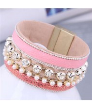 Rhinestone Rivet and Mini Pearl Decorated Bold Fashion PU Women Bangle - Pink