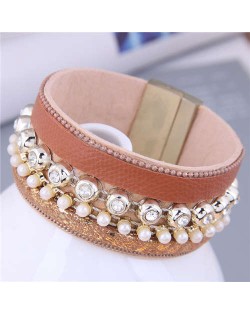 Rhinestone Rivet and Mini Pearl Decorated Bold Fashion PU Women Bangle - Brown