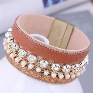 Rhinestone Rivet and Mini Pearl Decorated Bold Fashion PU Women Bangle - Brown