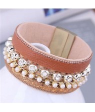 Rhinestone Rivet and Mini Pearl Decorated Bold Fashion PU Women Bangle - Brown