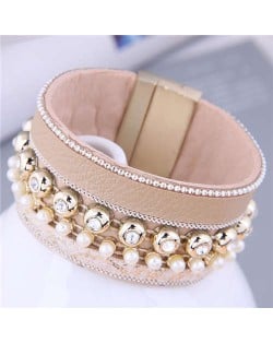 Rhinestone Rivet and Mini Pearl Decorated Bold Fashion PU Women Bangle - Beige