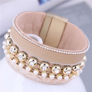 Rhinestone Rivet and Mini Pearl Decorated Bold Fashion PU Women Bangle - Beige