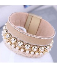 Rhinestone Rivet and Mini Pearl Decorated Bold Fashion PU Women Bangle - Beige