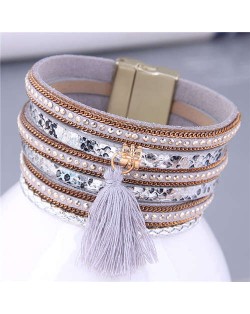 Punk Style Rivet and Thin Chain Embeded with Cotton Threads Tassel Snakeskin PU Leather Bangle - Gray