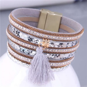 Punk Style Rivet and Thin Chain Embeded with Cotton Threads Tassel Snakeskin PU Leather Bangle - Gray