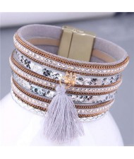 Punk Style Rivet and Thin Chain Embeded with Cotton Threads Tassel Snakeskin PU Leather Bangle - Gray