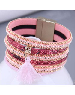 Punk Style Rivet and Thin Chain Embeded with Cotton Threads Tassel Snakeskin PU Leather Bangle - Pink