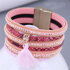 Punk Style Rivet and Thin Chain Embeded with Cotton Threads Tassel Snakeskin PU Leather Bangle - Pink