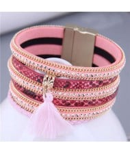 Punk Style Rivet and Thin Chain Embeded with Cotton Threads Tassel Snakeskin PU Leather Bangle - Pink