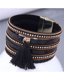 Punk Style Rivet and Thin Chain Embeded with Cotton Threads Tassel Snakeskin PU Leather Bangle - Black
