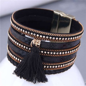 Punk Style Rivet and Thin Chain Embeded with Cotton Threads Tassel Snakeskin PU Leather Bangle - Black