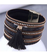 Punk Style Rivet and Thin Chain Embeded with Cotton Threads Tassel Snakeskin PU Leather Bangle - Black