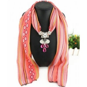 Butterfly Gem Pendant Scarf Necklace - Pink