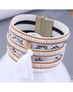 Punk Style Rivet and Thin Chain Embeded with Cotton Threads Tassel Snakeskin PU Leather Bangle - White