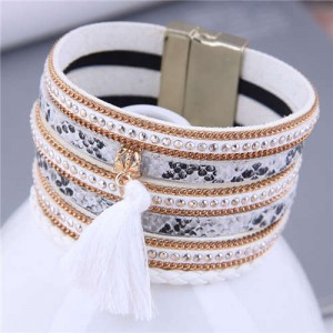 Punk Style Rivet and Thin Chain Embeded with Cotton Threads Tassel Snakeskin PU Leather Bangle - White