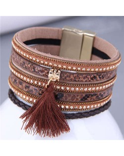 Punk Style Rivet and Thin Chain Embeded with Cotton Threads Tassel Snakeskin PU Leather Bangle - Brown