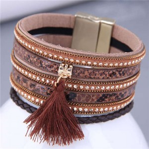 Punk Style Rivet and Thin Chain Embeded with Cotton Threads Tassel Snakeskin PU Leather Bangle - Brown