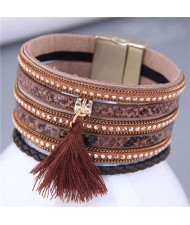 Punk Style Rivet and Thin Chain Embeded with Cotton Threads Tassel Snakeskin PU Leather Bangle - Brown