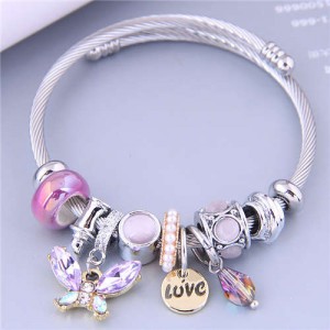 U.S. Fashion Elegant Style Butterfly Love Alphabet and Water Drop Multi-elements Charm Bangle - Violet