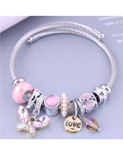 U.S. Fashion Elegant Style Butterfly Love Alphabet and Water Drop Multi-elements Charm Bangle - Pink