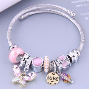 U.S. Fashion Elegant Style Butterfly Love Alphabet and Water Drop Multi-elements Charm Bangle - Pink