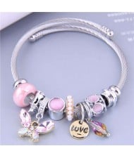 U.S. Fashion Elegant Style Butterfly Love Alphabet and Water Drop Multi-elements Charm Bangle - Pink
