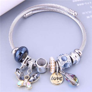 U.S. Fashion Elegant Style Butterfly Love Alphabet and Water Drop Multi-elements Charm Bangle - Blue