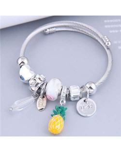 Wholesale Fashion Jewelry Peach Heart and Pineapple Multi-element Charm Pendants Women Bangle - Yellow