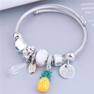 Wholesale Fashion Jewelry Peach Heart and Pineapple Multi-element Charm Pendants Women Bangle - Yellow