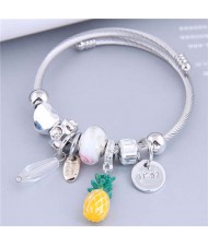 Wholesale Fashion Jewelry Peach Heart and Pineapple Multi-element Charm Pendants Women Bangle - Yellow