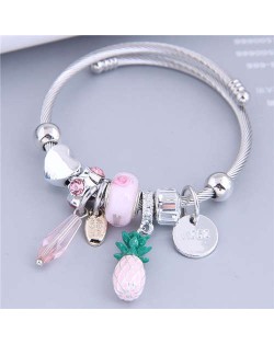 Wholesale Fashion Jewelry Peach Heart and Pineapple Multi-element Charm Pendants Women Bangle - Pink